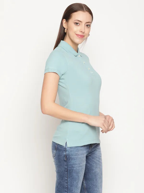 Mettle Women Blue Polo Collar Cotton T-Shirt