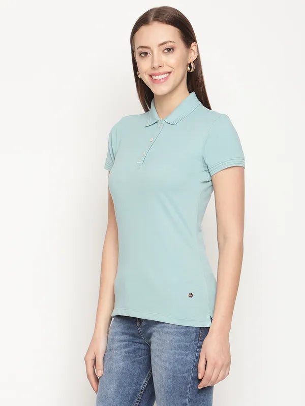 Mettle Women Blue Polo Collar Cotton T-Shirt