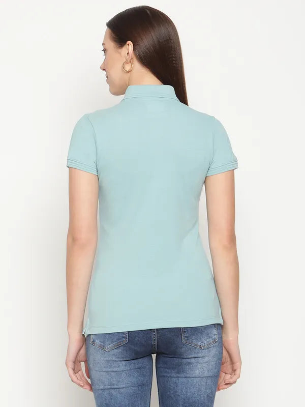 Mettle Women Blue Polo Collar Cotton T-Shirt