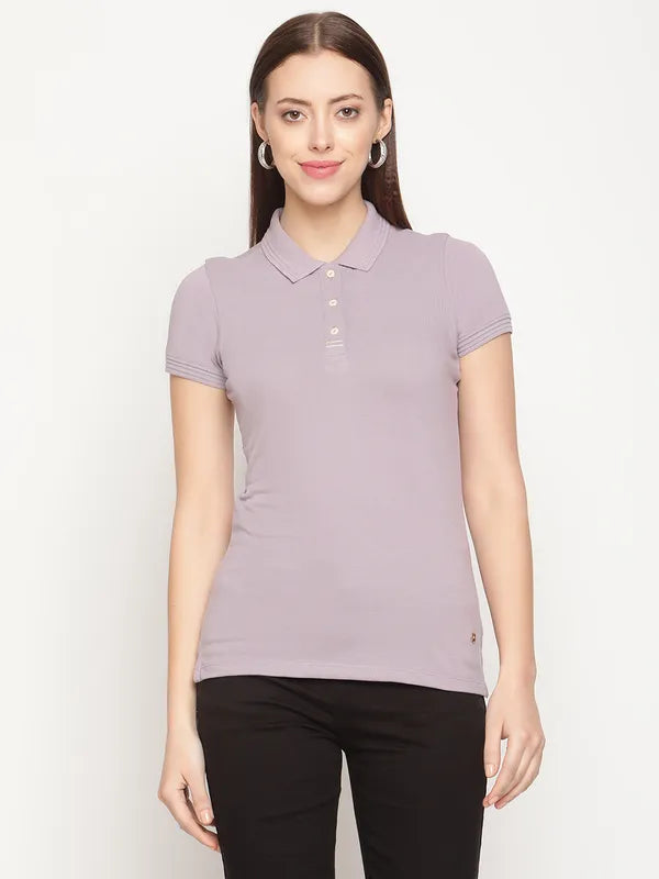 Mettle Women Purple Polo Collar Cotton T-Shirt