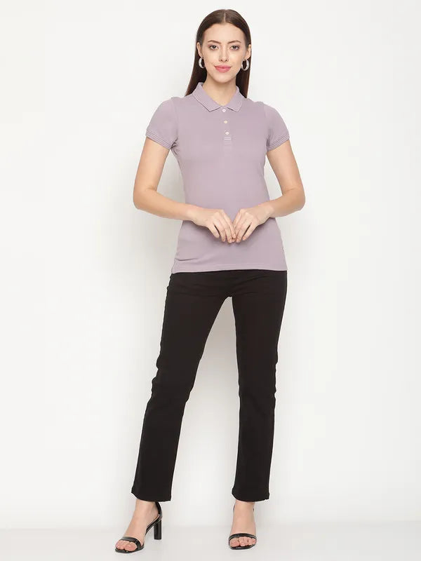 Mettle Women Purple Polo Collar Cotton T-Shirt