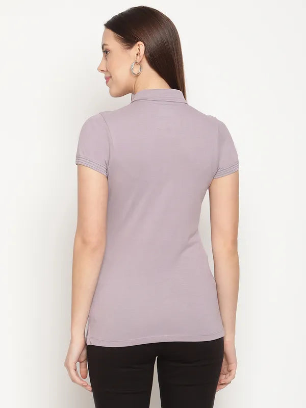 Mettle Women Purple Polo Collar Cotton T-Shirt