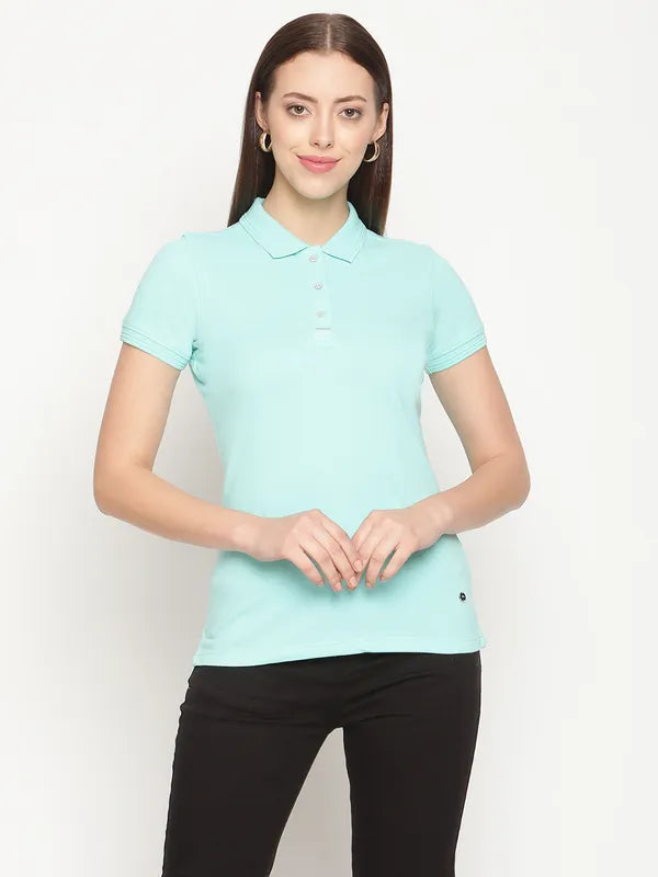 Mettle Women Green Solid Cotton Polo Collar T-Shirt