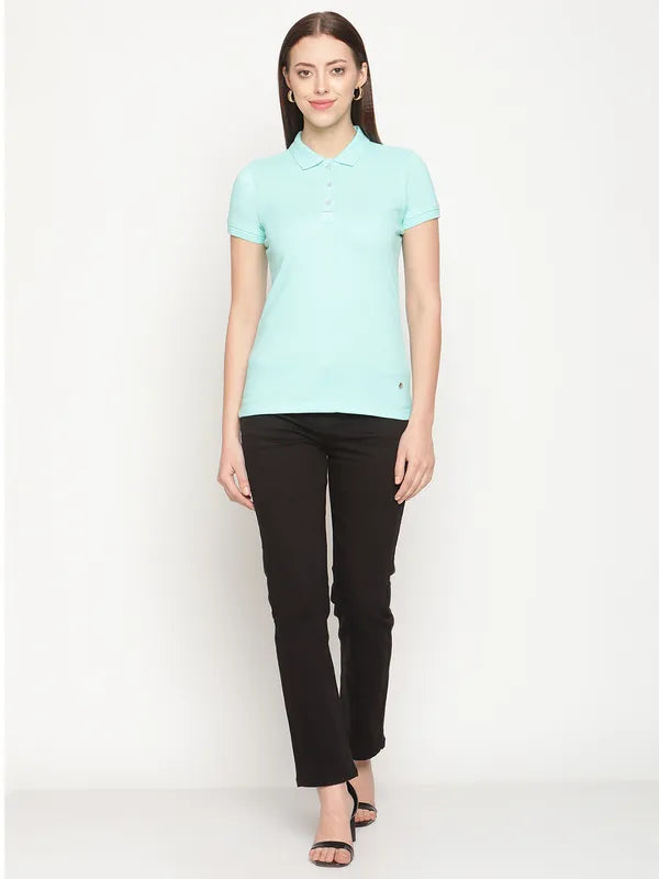 Mettle Women Green Solid Cotton Polo Collar T-Shirt