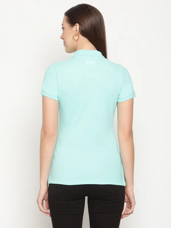 Mettle Women Green Solid Cotton Polo Collar T-Shirt