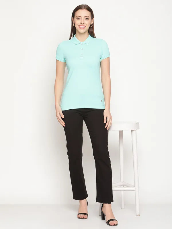 Mettle Women Green Solid Cotton Polo Collar T-Shirt