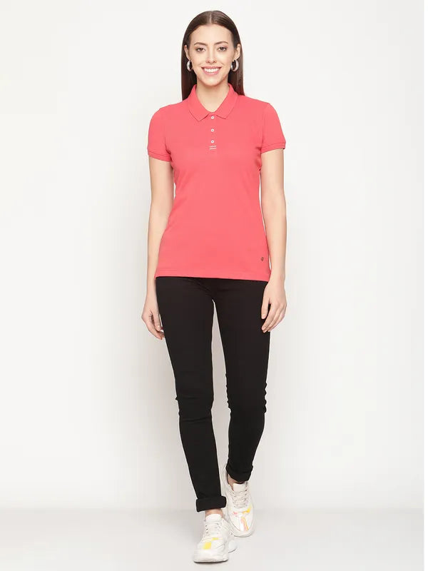 Mettle Women Coral Orange Polo Collar Cotton T-Shirt