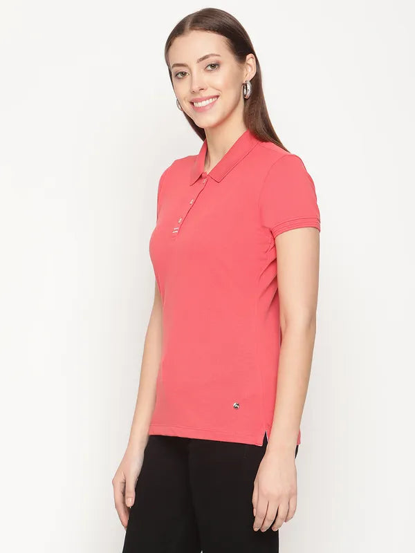 Mettle Women Coral Orange Polo Collar Cotton T-Shirt