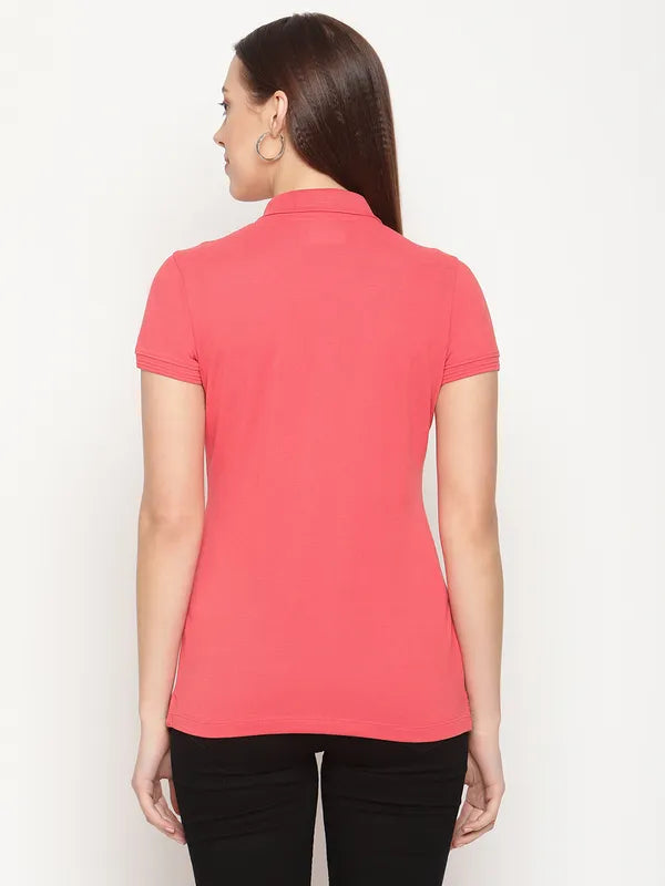 Mettle Women Coral Orange Polo Collar Cotton T-Shirt