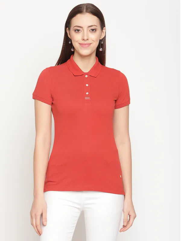 Mettle Women Orange Polo Collar T-Shirt