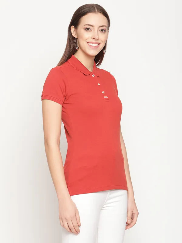 Mettle Women Orange Polo Collar T-Shirt