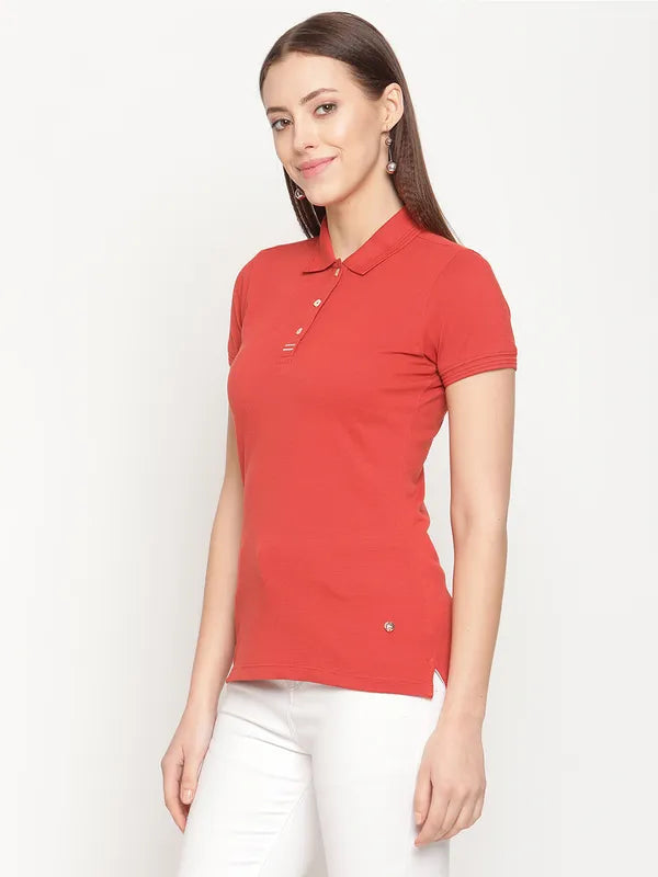 Mettle Women Orange Polo Collar T-Shirt