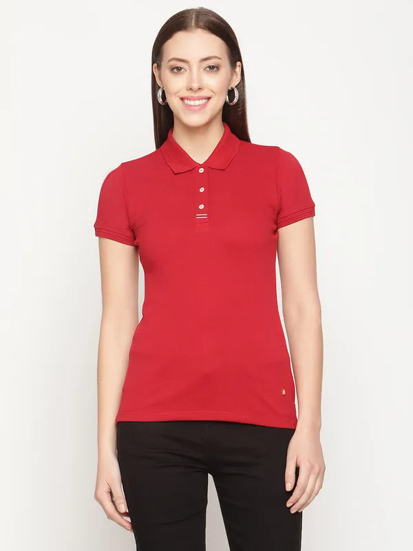 Mettle Women Maroon Polo Collar T-Shirt