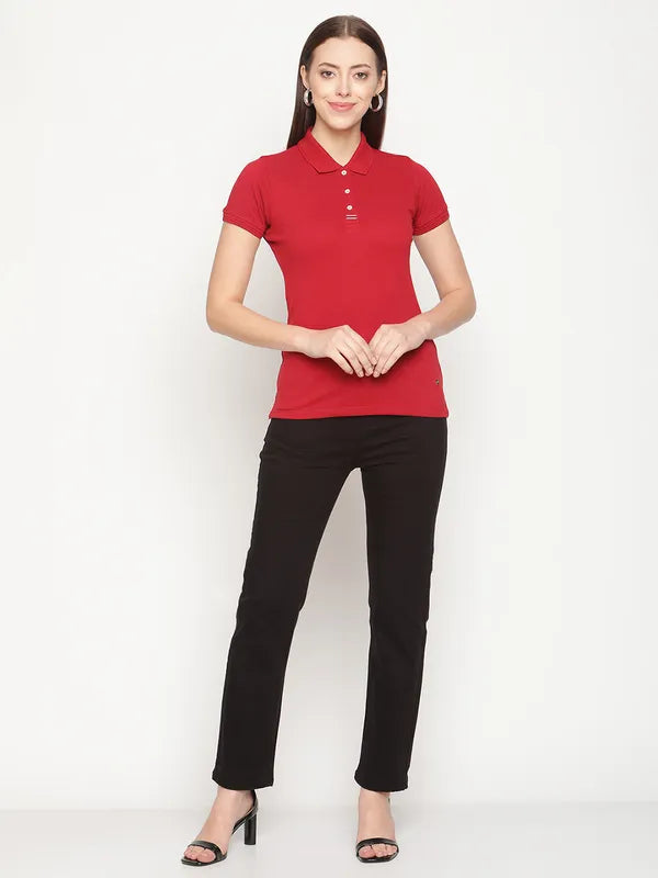 Mettle Women Maroon Polo Collar T-Shirt