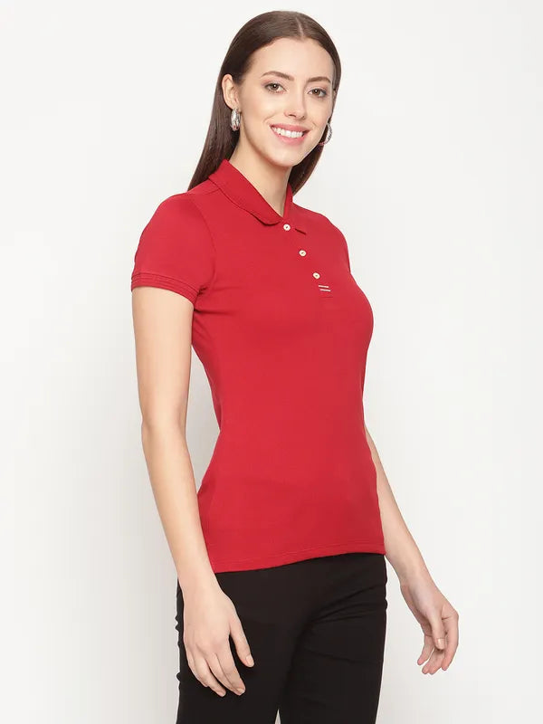 Mettle Women Maroon Polo Collar T-Shirt