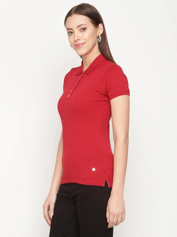 Mettle Women Maroon Polo Collar T-Shirt