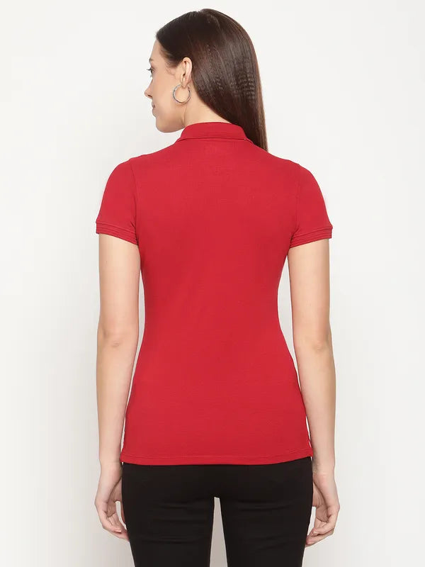 Mettle Women Maroon Polo Collar T-Shirt