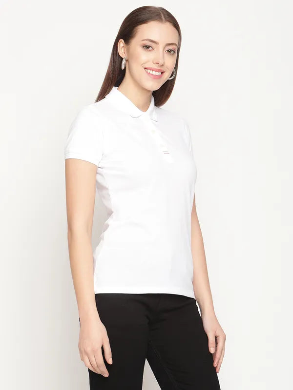 Mettle Women White Polo Collar Cotton T-Shirt