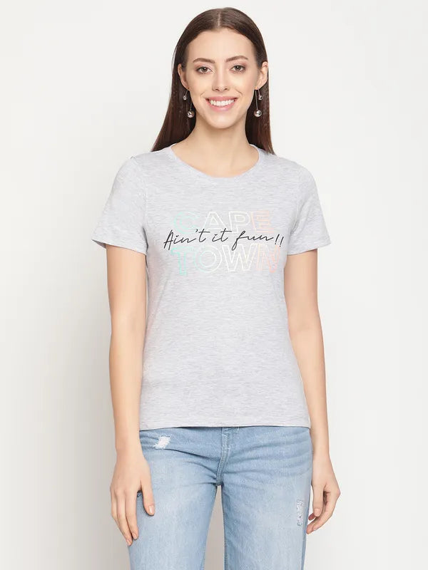 Mettle Women Grey Typography Printed Cotton T-Shirt