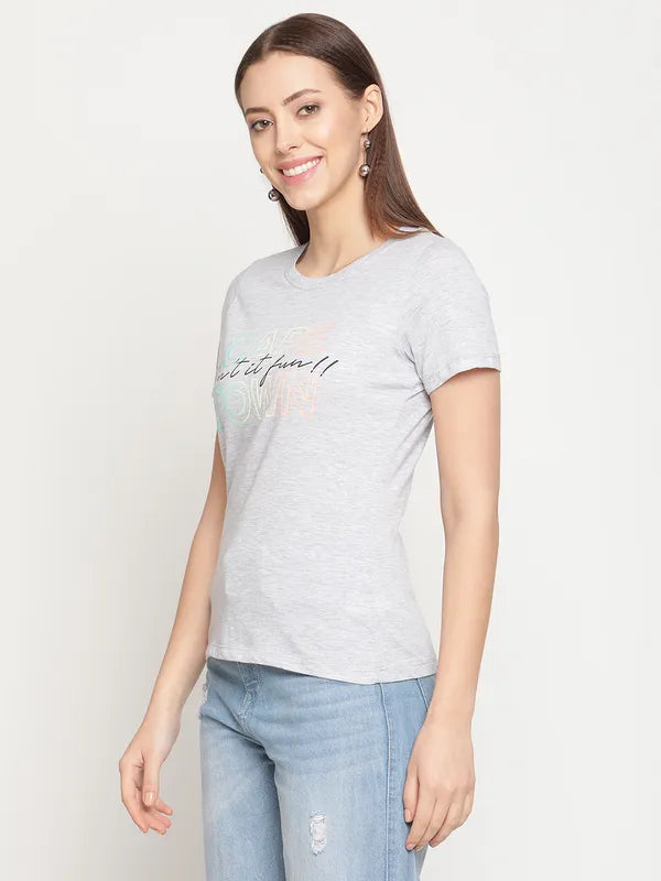 Mettle Women Grey Typography Printed Cotton T-Shirt