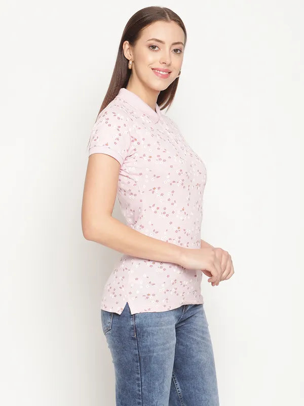 Mettle Women Pink  White Floral Printed Polo Collar Cotton T-Shirt