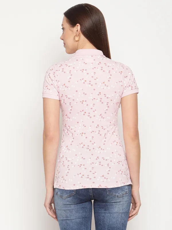 Mettle Women Pink  White Floral Printed Polo Collar Cotton T-Shirt