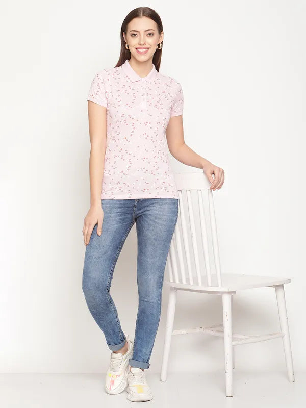 Mettle Women Pink  White Floral Printed Polo Collar Cotton T-Shirt