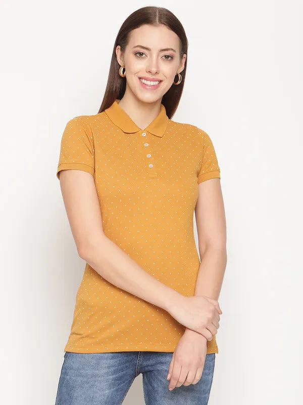 Mettle Women Yellow Printed Polo Collar T-Shirt