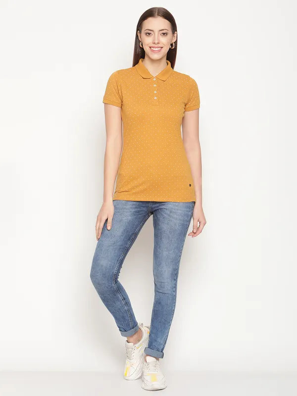 Mettle Women Yellow Printed Polo Collar T-Shirt