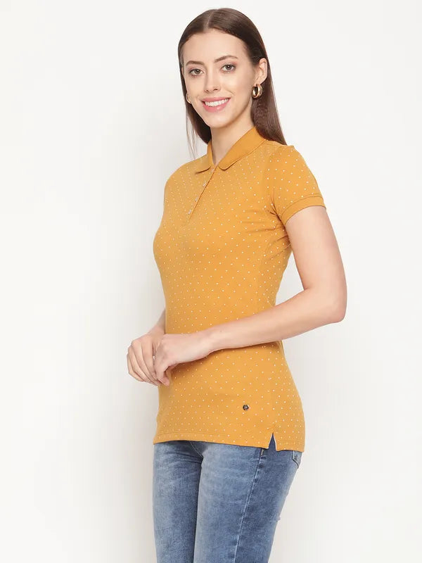 Mettle Women Yellow Printed Polo Collar T-Shirt