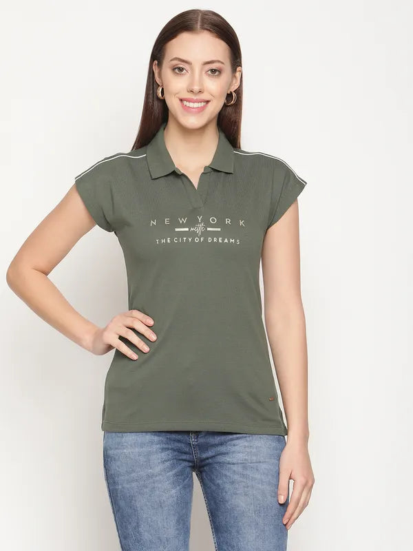 Mettle Women Olive Green Typography Printed Polo Collar Extended Sleeves Cotton T-Shirt