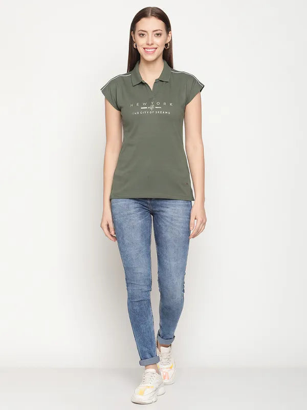 Mettle Women Olive Green Typography Printed Polo Collar Extended Sleeves Cotton T-Shirt