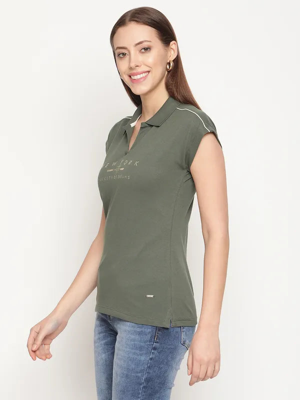 Mettle Women Olive Green Typography Printed Polo Collar Extended Sleeves Cotton T-Shirt