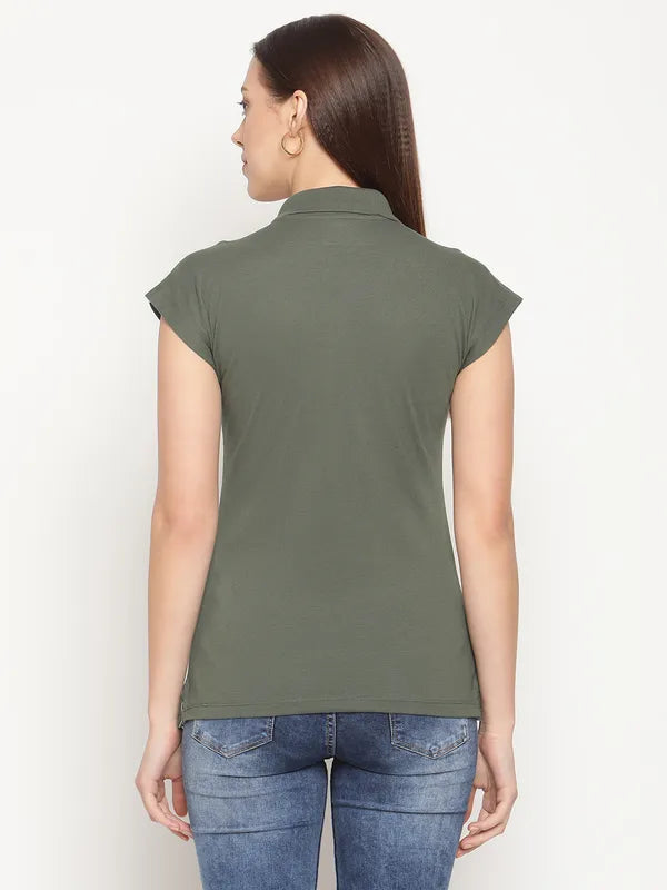 Mettle Women Olive Green Typography Printed Polo Collar Extended Sleeves Cotton T-Shirt