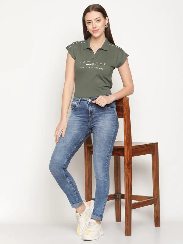 Mettle Women Olive Green Typography Printed Polo Collar Extended Sleeves Cotton T-Shirt