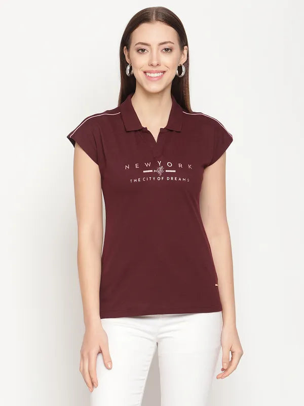 Mettle Women Maroon Printed Polo Collar T-Shirt