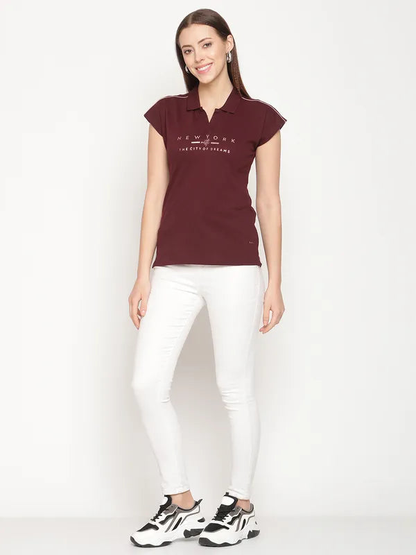 Mettle Women Maroon Printed Polo Collar T-Shirt