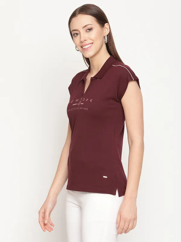 Mettle Women Maroon Printed Polo Collar T-Shirt