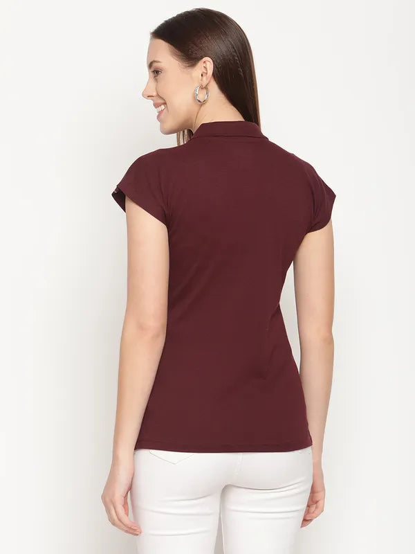 Mettle Women Maroon Printed Polo Collar T-Shirt