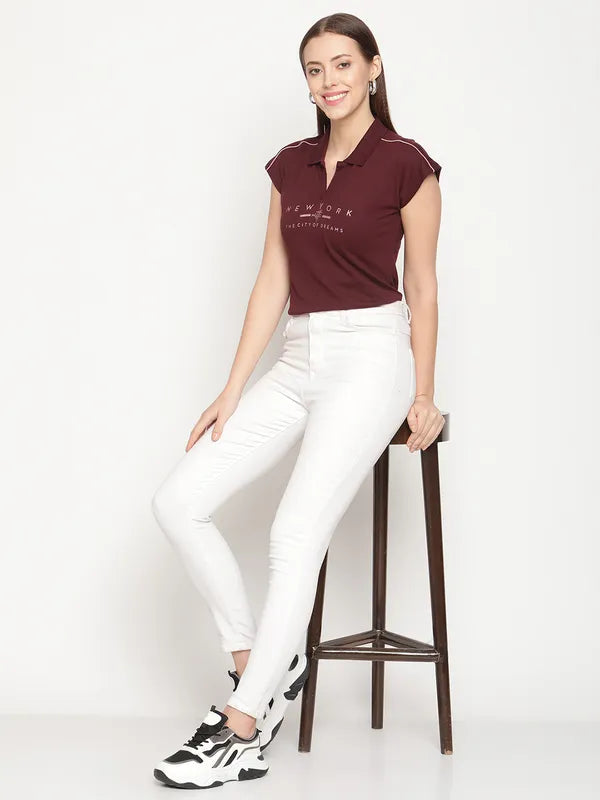 Mettle Women Maroon Printed Polo Collar T-Shirt