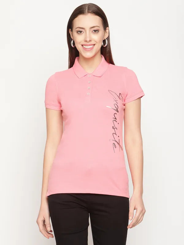 Mettle Women Pink Typography Printed Polo Collar T-Shirt