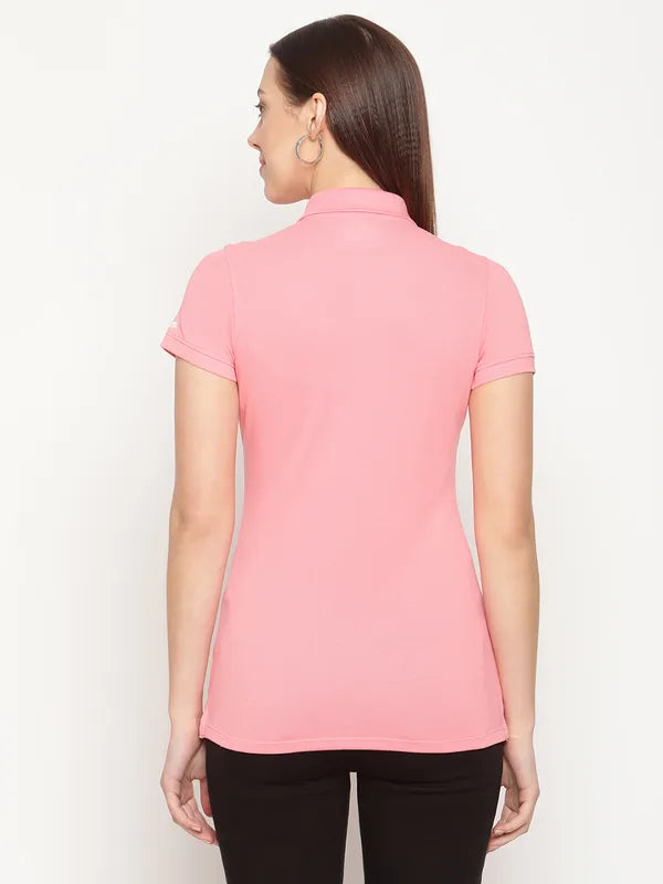 Mettle Women Pink Typography Printed Polo Collar T-Shirt