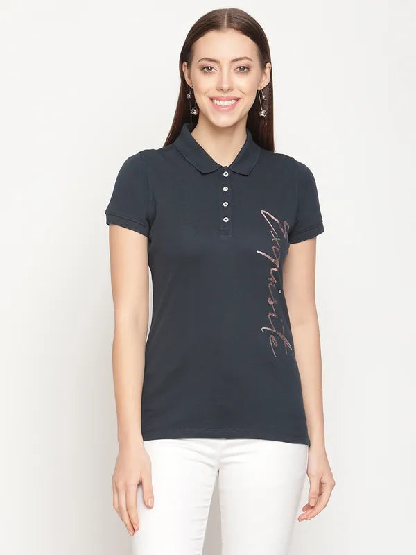 Mettle Women Navy Blue Printed Polo Collar Cotton T-Shirt