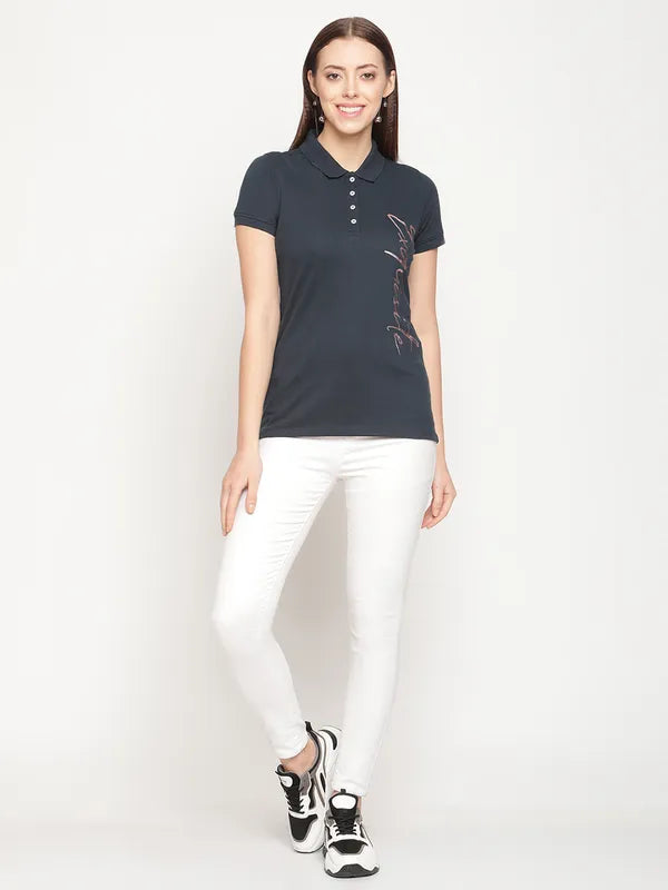 Mettle Women Navy Blue Printed Polo Collar Cotton T-Shirt