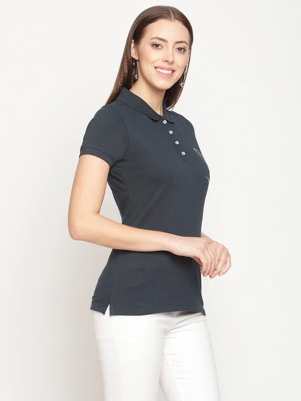 Mettle Women Navy Blue Printed Polo Collar Cotton T-Shirt