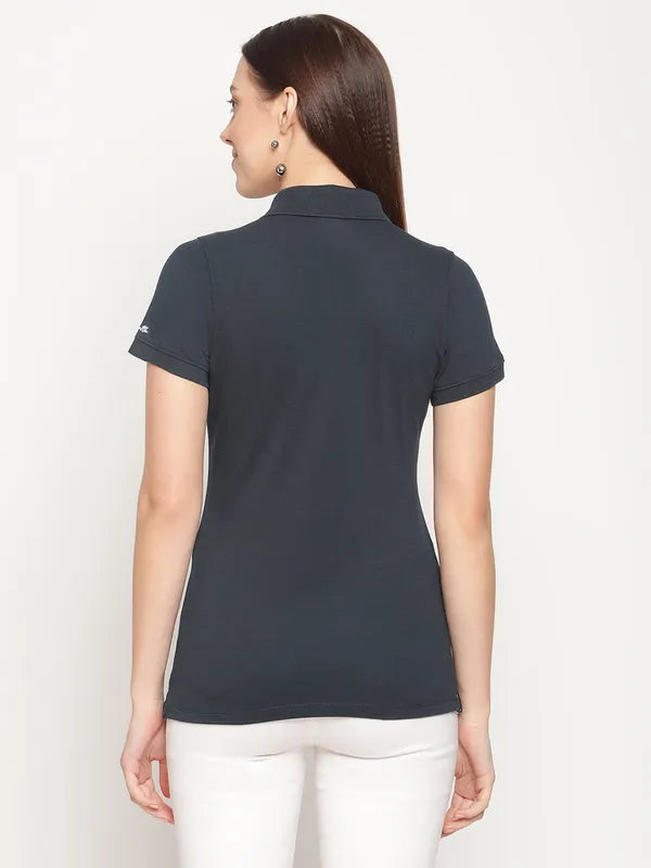 Mettle Women Navy Blue Printed Polo Collar Cotton T-Shirt