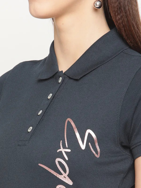 Mettle Women Charcoal Typography Printed Polo Collar Cotton T-Shirt