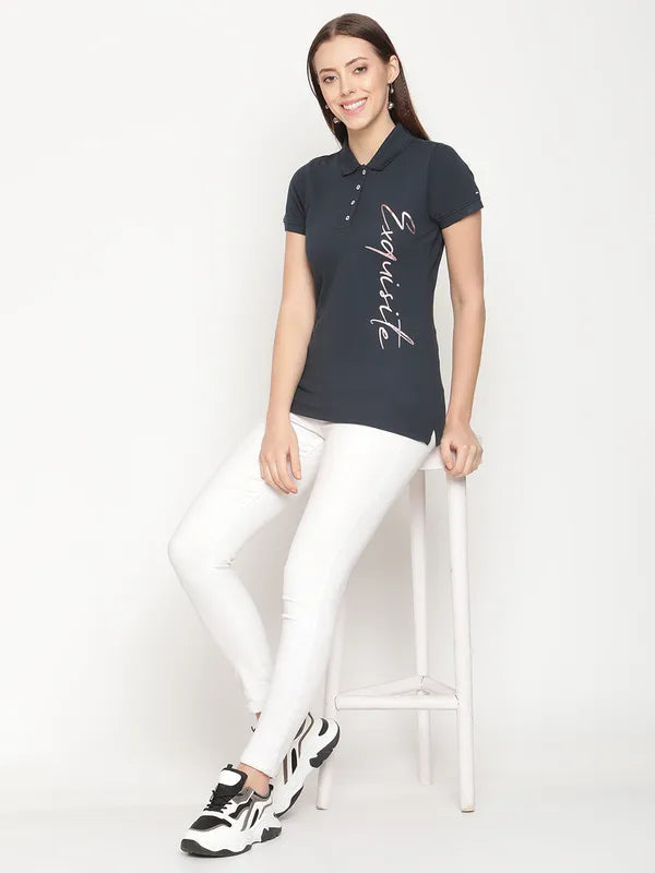 Mettle Women Charcoal Typography Printed Polo Collar Cotton T-Shirt