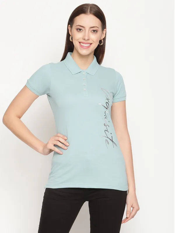 Mettle Women Blue Polo Collar Cotton T-Shirt