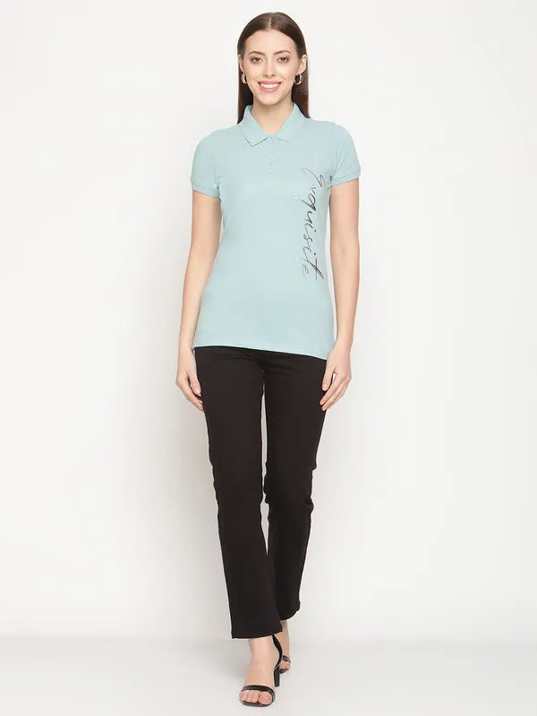 Mettle Women Blue Polo Collar Cotton T-Shirt